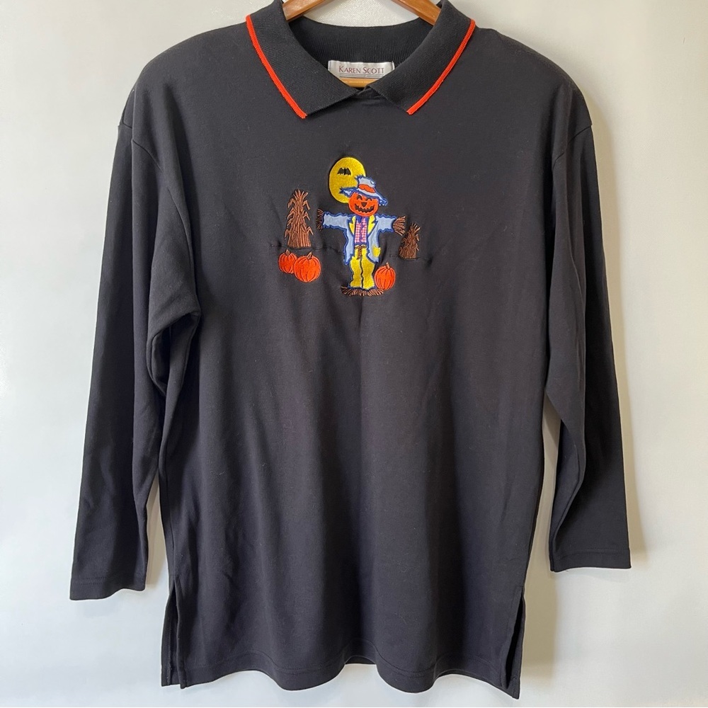 Vintage Karen Scott Halloween Pumpkin Scarecrow Black Top